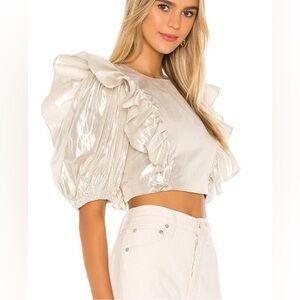 Lovers + Friends Revolve Crop Top Ruffle Metallic Foil Gold Puff Sleeves